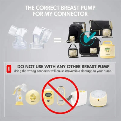 Clear connectors compatible with Medela Pump in Style Advanced, next to caution against using with other pumps.
