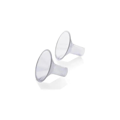 PersonalFit breast pump shields by Medela, featuring two transparent, funnel-shaped parts for milk pumping.