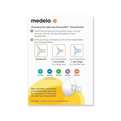 Medela PersonalFit breast pump shield sizing guide, featuring fit recommendations and visible shield dimensions (30 mm).