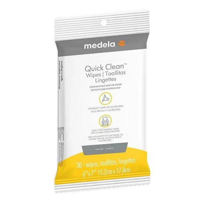 Medela Quick Clean Breast Pump and Accessory Wipes package, containing 30 wipes, for cleaning without soap or water.