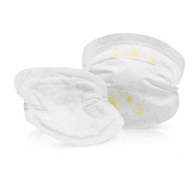 Medela Safe & Dry™ Super Absorbency Disposable Nursing Pads, two white pads with floral patterns for leak protection.