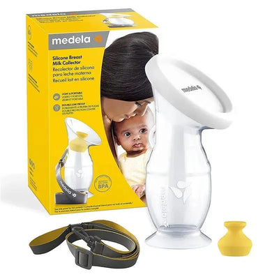 Silicone breast milk collector by Medela in a package, with a nursing strap and yellow stopper, showing a mother and baby.