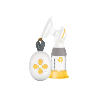 Medela Solo™ Single Electric Breast Pump with a white and yellow control unit and attachment for milk collection.