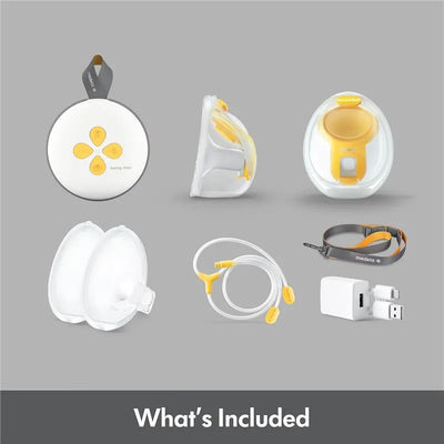 Hands-free Medela Swing Maxi™ breast pump components, including a pump motor, bottle connectors, tubing, and charging adapter.