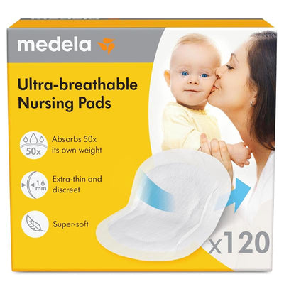 Ultra-breathable nursing pads by Medela, pack of 120, featuring absorbent, extra-thin, and super-soft design.