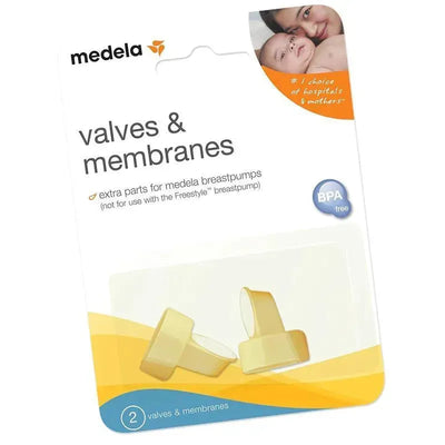Two valves and membranes for Medela breastpumps, BPA free, packaged with clear labeling and care instructions.