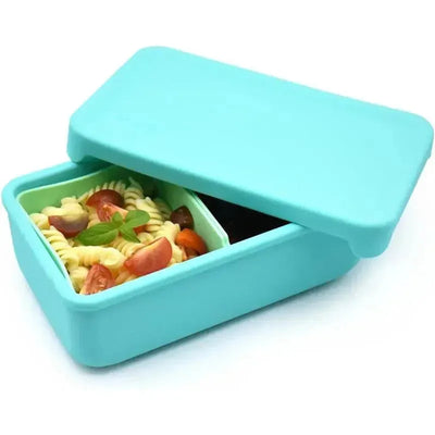100% silicone blue mint bento box with removable dividers, featuring two compartments filled with pasta and cherry tomatoes.