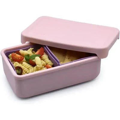 100% silicone Bento box in pink and purple, featuring two compartments with pasta, cherry tomatoes, and crackers.