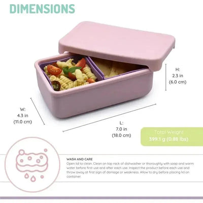 100% silicone bento box in pink and purple with two compartments, displaying pasta and snacks, includes care instructions.