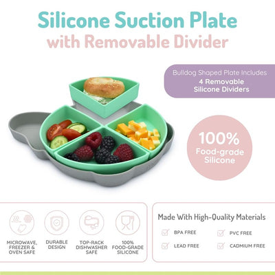 Bulldog-shaped silicone suction plate with four removable dividers, filled with fruits and a bagel, 100% food-grade silicone.
