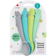 Melii - 100% Silicone Spoons, Baby and Toddler Feeding, BPA Free, 4 Piece Set, Shark, Dino, Bulldog, and Bear Image 1