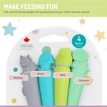 Melii - 100% Silicone Spoons, Baby and Toddler Feeding, BPA Free, 4 Piece Set, Shark, Dino, Bulldog, and Bear Image 2