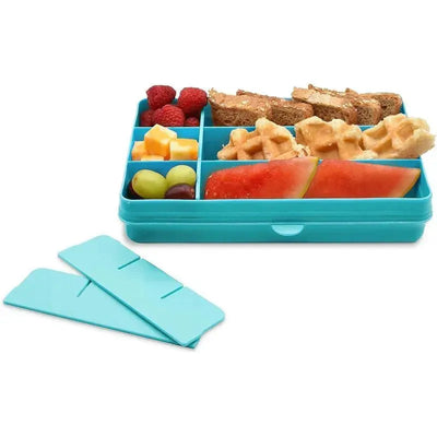 Melii blue snack container with 12 compartments filled with raspberries, watermelon, cheese, and waffles, plus two dividers.