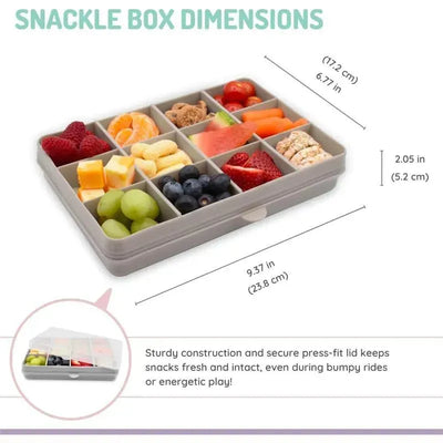 Grey snack container with 12 compartments, filled with various fruits and snacks, displaying dimensions and features.
