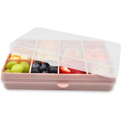 Melii 12 compartments divided snack container in pink with assorted fruits visible inside.