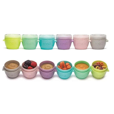 Colorful 2Oz Melii Snap & Go baby food storage containers with lids, some filled with food, arranged in two rows.
