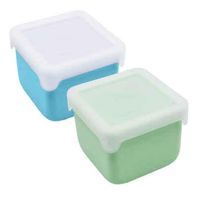Silicone snack containers in blue and mint, each with a white lid, 236ml/8oz capacity, by Melii.