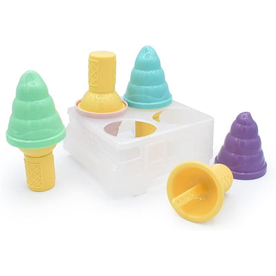 Colorful ice cream-shaped pops in yellow, blue, green, and purple, arranged in a white ice cream truck mold.