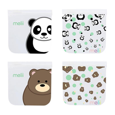 Reusable sandwich and snack bags featuring panda and bear designs; includes two panda and two bear motifs.