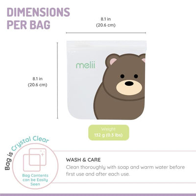 Reusable sandwich and snack bag featuring a bear design, dimensions 8.1 in x 8.1 in, with cleaning instructions visible.