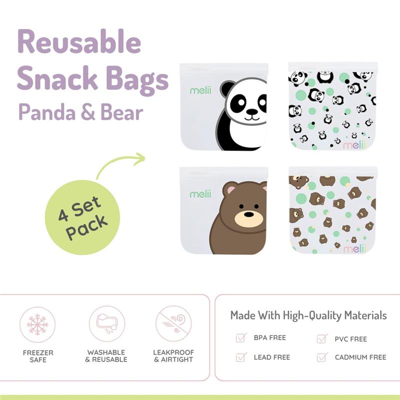Melii - 4Pk Reusable Sandwich & Snack Bags for Kids, 2 Panda & 2 Bear Image 3
