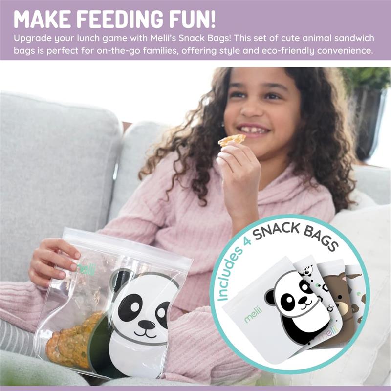 Melii - 4Pk Reusable Sandwich & Snack Bags for Kids, 2 Panda & 2 Bear Image 4