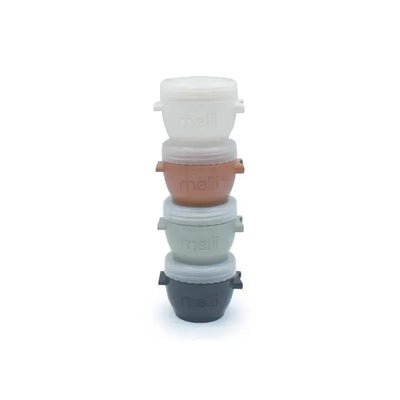 Four Melii baby food storage containers in earth tones, stacked with lids, each 4 oz in size.