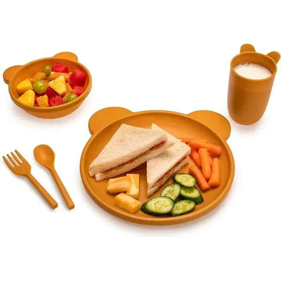 5-piece bear-themed feeding meal set featuring a plate with sandwiches, carrots, cucumber, cheese, fruit bowl, and cup.
