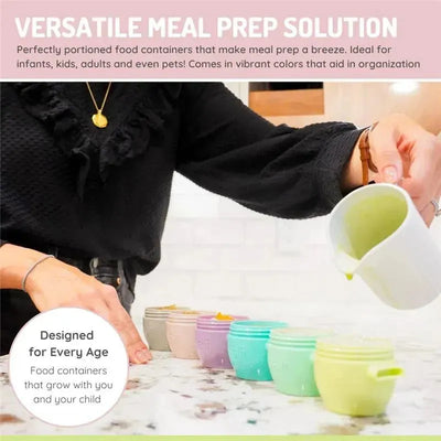 Six colorful Melii baby food storage containers with lids are being filled with food on a countertop, with a hand pouring from a white cup.