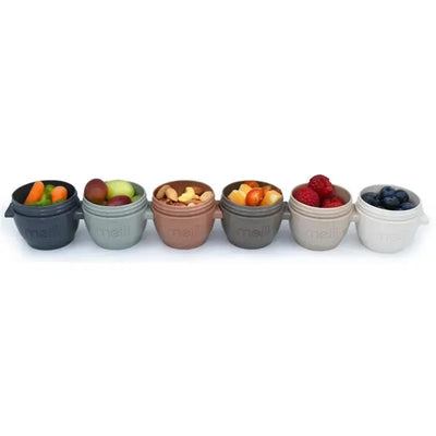 Melii 6Pk Snap & Go Baby Food Storage Containers in earth tones, each holding assorted snacks like fruits and nuts.