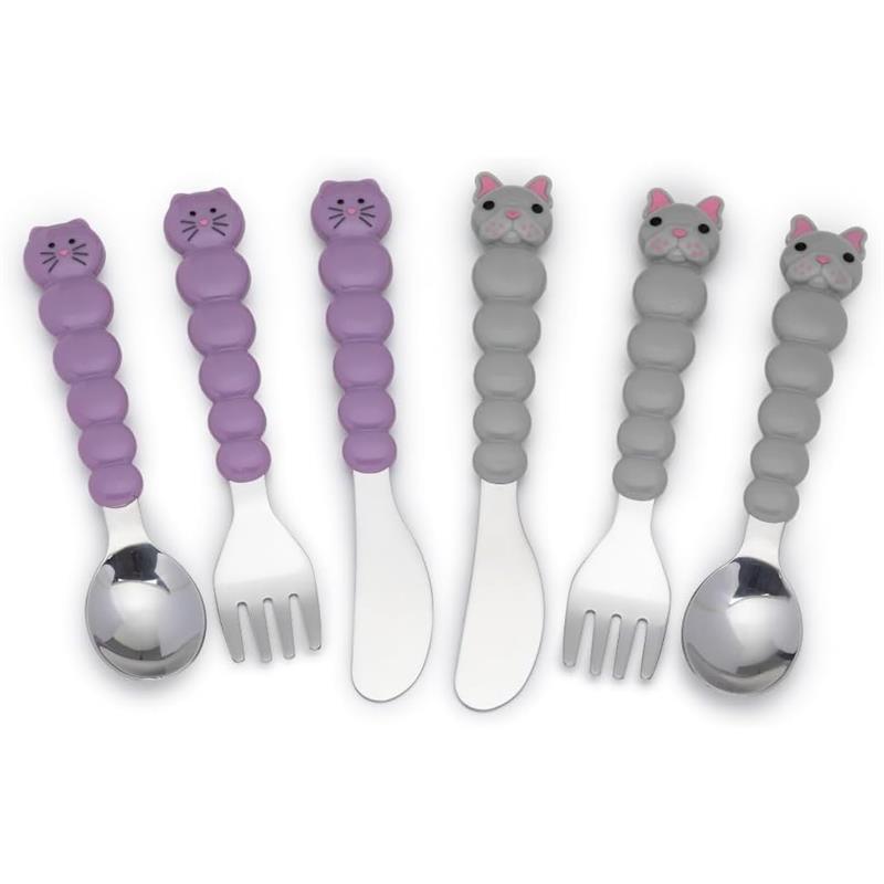 Melii - 6Pk Toddler & Kid Feeding Spoon Fork & Knife Set, Cat & Bulldog Image 1
