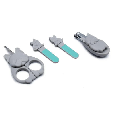 Baby and kid nail care kit features gray scissors, clippers, and files with cute bulldog designs and teal accents.
