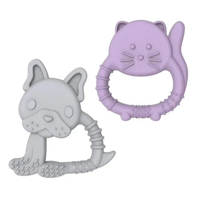 Baby silicone teethers shaped like a bulldog and a cat, featuring multiple textures and BPA-free materials.