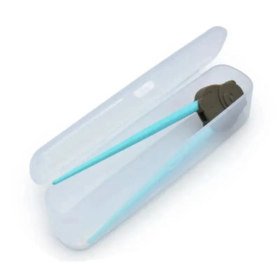 Bear-shaped training chopsticks in a clear travel case, featuring light blue chopsticks and a brown bear head design.