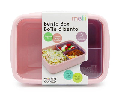 Melii Bento Box in pink and purple, featuring an easy-lock lid and three compartments for meals.