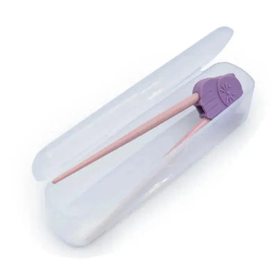 Melii Cat Training Chopsticks with a purple grip, stored in a clear travel case.
