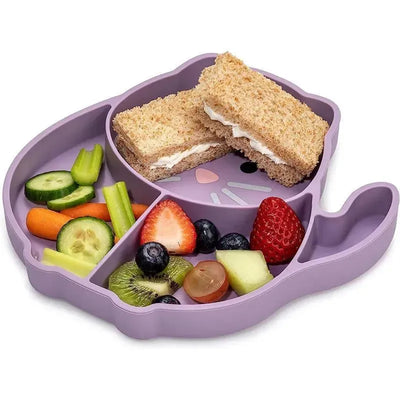 Divided silicone suction plate in cat shape, featuring sections filled with sandwiches, fruits, and vegetables.