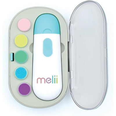 Melii Electric Nail Trimmer in a case, featuring a white body with a light blue top and six colorful sanding discs.