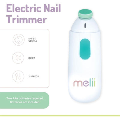 Electric Nail Trimmer by Melii, featuring a white body with a teal button, labeled with safety details and battery information.