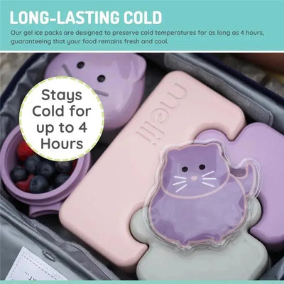 Gel ice packs in pink and purple shapes, designed to keep food cold for up to 4 hours, alongside a container of berries.