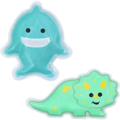 Reusable gel ice packs shaped like a shark and a dinosaur, designed to keep lunches and snacks cool.