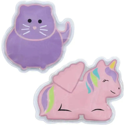 Reusable gel ice packs featuring a purple cat and a pink unicorn, designed to keep lunches and snacks cool.