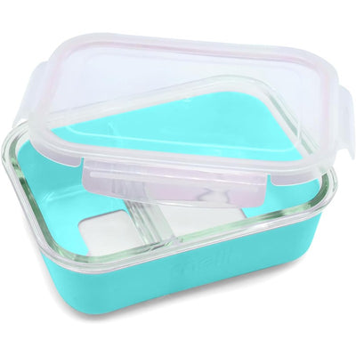 Melii Glass Bento Box in blue, 25oz, with transparent lid, suitable for oven, microwave, freezer, and dishwasher.