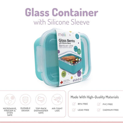 Glass bento box with silicone sleeve, 25oz, safe for oven, microwave, freezer, and dishwasher; features airtight lid.