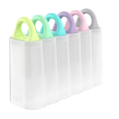 Melii Ice Pops tray holding six pops in pastel-colored handles, designed for making ice pops at home.