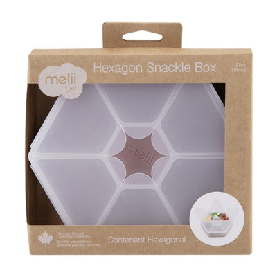 Luxe hexagon snackle box by Melii, featuring a clear container with six compartments, packaged in a cardboard box.