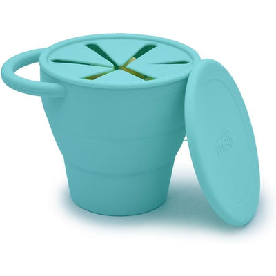 Collapsible blue silicone container with two handles, lid, and ventilation slits, holding 10.7 fl oz.