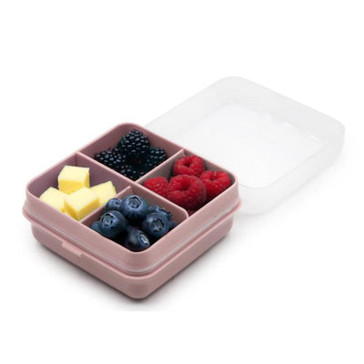 Petite pink Snackle Box with four compartments, filled with raspberries, blueberries, blackberries, and cheese cubes.