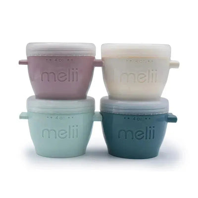 Four Melii 4 oz baby food storage containers stacked, featuring pastel colors: pink, cream, mint green, and teal.