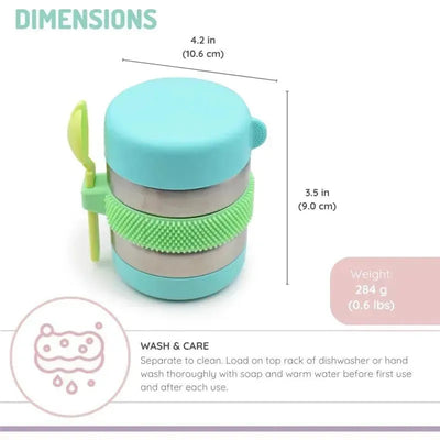 Stainless steel food jar in blue and mint, 10.1oz capacity, double-walled, vacuum insulated, with a spoon attached.